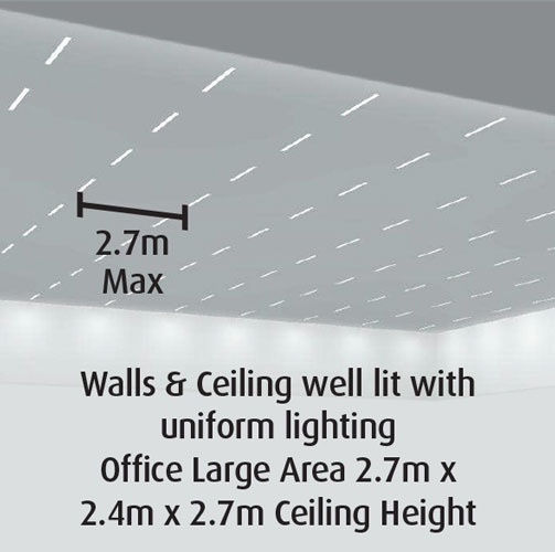 Walls & Ceiling well lit with uniform lighting Office Large Area 2.7m x 2.4m x 2.7m Ceiling Height